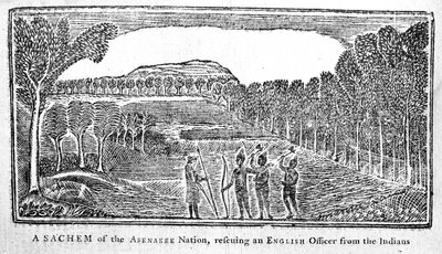 جثة الأمة أبيناكي لإنقاذ ضابط إنجليزي ، رسم توضيحي من Bickerstaffs Boston Almanack ، تم نشره عام 1768 بواسطة المدرسة الأمريكية