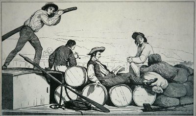 زورق مسطح يحمل البضائع على نهر المسيسيبي ، حوالي 1840 (نقش) بواسطة المدرسة الأمريكية