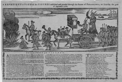 تم تمثيل الشخصيات المعروضة وعرضها في شوارع فيلادلفيا يوم السبت ، 30 سبتمبر 1780 بواسطة المدرسة الأمريكية