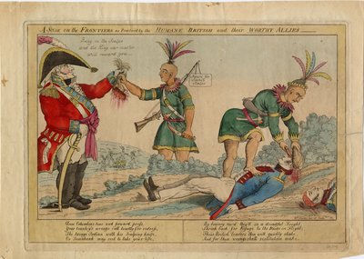 مشهد على الحدود كما يمارسه البريطانيون الإنسانيون وحلفاؤهم الجديرون ، c.1813 (النقش الملون يدويًا) بواسطة المدرسة الأمريكية