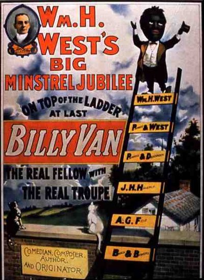 إعلان عن "بيلي فان" في فيلم "William H. West's Big Minstrel Jubilee" (لون ليثو) بواسطة المدرسة الأمريكية