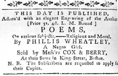 إعلان عن أول كتاب لـ Phillis Wheatleys من Boston Gazette ، 7 فبراير ، 1774 (ورق الصحف) بواسطة المدرسة الأمريكية