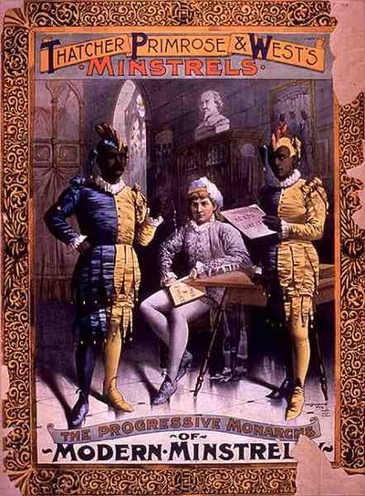 إعلان عن فيلم The Progressive Monarchs of Modern Minstrelsy ، بطولة تاتشر وبريمروز وويست مينستريلز (لون ليثو) بواسطة المدرسة الأمريكية