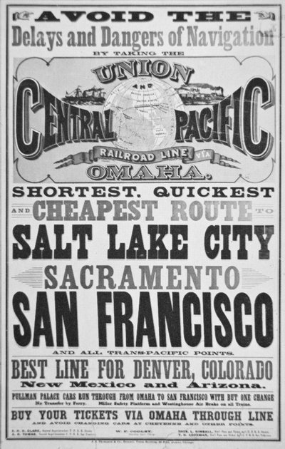 Advertisement for Union and Central Pacific Railroad Line, c.1870 (litho) بواسطة المدرسة الأمريكية