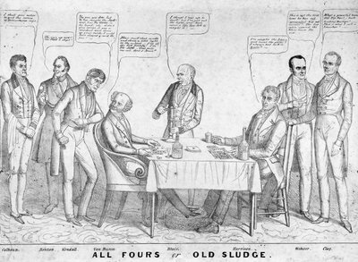 All Fours or Old Sludge ، رسم كاريكاتوري سياسي يصور الرئيس مارتن فان بيورين (1782-1862) يلعب ضد وليام هنري هاريسون (1773-1841) وسط رجال دولة وسياسيين آخرين ، 1836 (ليثو بواسطة المدرسة الأمريكية