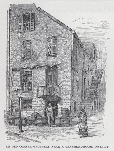 Groggery الزاوية القديمة بالقرب من Tenement-House District (litho) بواسطة المدرسة الأمريكية