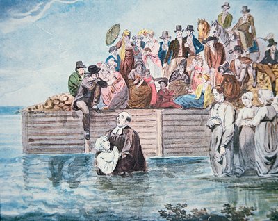 Anabaptists of Philadelphia witness a full immersion baptism in a river (colour litho) بواسطة المدرسة الأمريكية