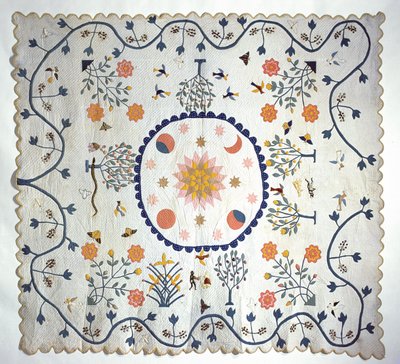زين لحاف مع الشمس والقمر والنجوم وحديقة عدن ، من أركنساس ، c.1850-80 (قطن) بواسطة المدرسة الأمريكية