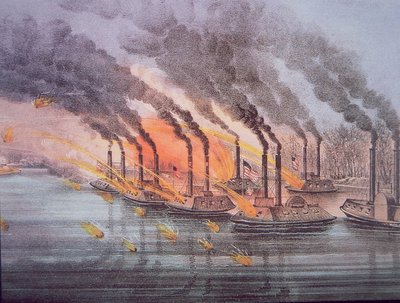Armoured Gunboats Commanded by U.S. Flag Officer Andrew Foote, 6th February 1862 (coloured engraving) بواسطة المدرسة الأمريكية