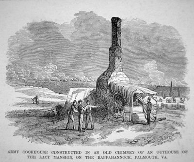 Army cookhouse constructed in an old chimney of an outhouse of the Lacy mansion, on the Rappahannock, Falmouth, Virginia (engraving) بواسطة المدرسة الأمريكية