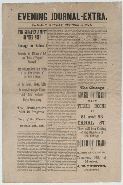 مقالة من Chicago Evening Journal-Extra بخصوص حريق شيكاغو لعام 1871 ، 9 أكتوبر 1871 (ورق الصحف) بواسطة المدرسة الأمريكية