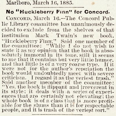 مقالة في صحيفة بوسطن ديلي جلوب بشأن حظر Huckleberry Finn في كونكورد ، ماساتشوستس ، من 16 مارس 1885 (ورق الصحف) بواسطة المدرسة الأمريكية