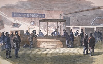 بنك في سان فرانسيسكو ، حوالي 1860 (نقش ملون) بواسطة المدرسة الأمريكية