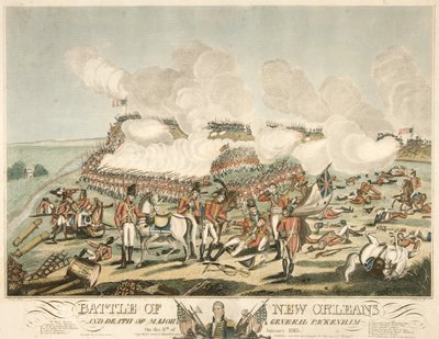 معركة نيو أورلينز وموت اللواء باكنهام في الثامن من يناير 1815 ، حانة. 1815 (نقش ملون) بواسطة المدرسة الأمريكية