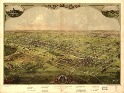 منظر عين الطيور لمدينة لانسينغ ، ميشيغان 1866 (لون ليثو) بواسطة المدرسة الأمريكية