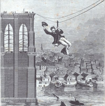 Brooklyn Bridge under construction; Mr Farrington, chief construction supervisor, is first to cross the span between the two pylons on 25 August 1876 (engraving) بواسطة المدرسة الأمريكية