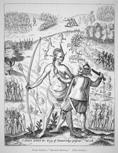 Captain John Smith (1580-1631) capturing an Indian Chief in 1608, from Smith