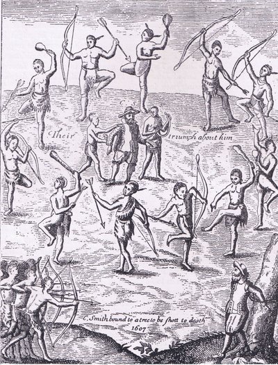 الكابتن سميث أسره الهنود ، رسم توضيحي من حانة Cassell's History of the United States. بواسطة Petter & Galpin c.1890 (litho) بواسطة المدرسة الأمريكية