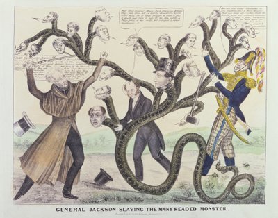كاريكاتير للجنرال جاكسون (1767-1845) يذبح الوحش ذو الرأس العريض ، نشره HR Robinson ، c.1836 (قلم وحبر وقلم رصاص ومرحاض على ورق) بواسطة المدرسة الأمريكية