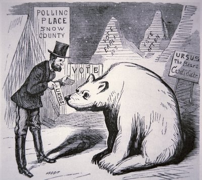 Cartoon depicting American politician trying to find voters in Uninhabited Alaska بواسطة المدرسة الأمريكية