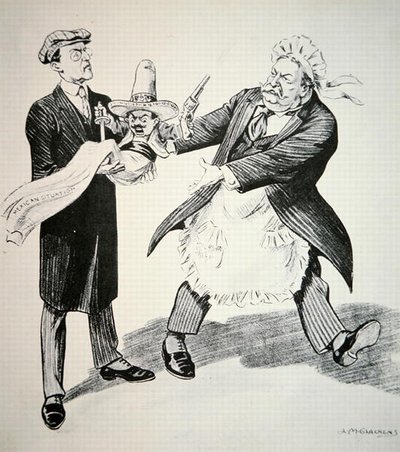 رسم كاريكاتوري يصور الرئيس ويليام إتش تافت (1857-1930) وهو يسلم "الوضع المكسيكي" الإشكالي إلى خليفته الرئيس وودرو ويلسون (1856-1924) 1913 (ليتو) بواسطة المدرسة الأمريكية