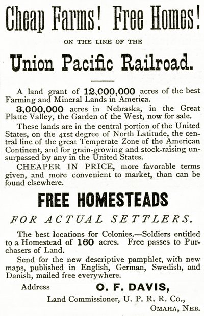 مزارع رخيصة ومنازل مجانية على خط السكة الحديد Union Pacific ، إعلان من Appletons Journal ، 4 مايو 1872 بواسطة المدرسة الأمريكية
