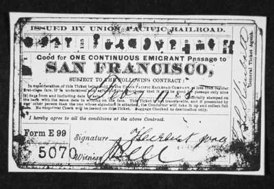 Cheap emigrant railroad ticket, c.1870 (litho) بواسطة المدرسة الأمريكية