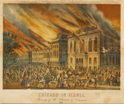Chicago in Flames: Burning of the Chamber of Commerce (colour litho) بواسطة المدرسة الأمريكية