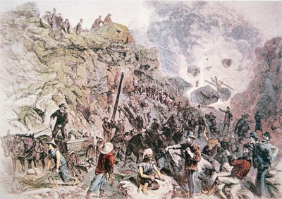 Chinese workers helping construct the Central Pacific Railroad, completed 1869 (colour litho) بواسطة المدرسة الأمريكية