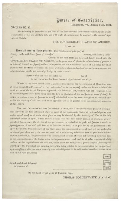تعميم رقم. 12 ، طلب فارغ للإعفاء من الخدمة في الجيش الكونفدرالي ، 24 مارس 1864 بواسطة المدرسة الأمريكية