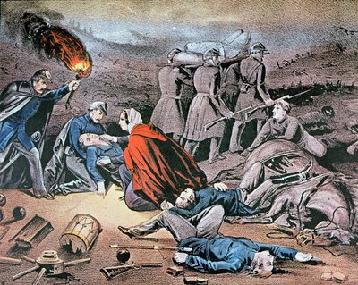 Clara Barton tending wounded during the American Civil War (colour litho) بواسطة المدرسة الأمريكية