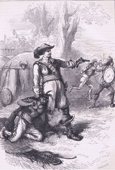 العقيد أثرتون والهنود 1661 ، رسم توضيحي من حانة كاسيل لتاريخ الولايات المتحدة. بواسطة Petter & Galpin c.1890 (litho) بواسطة المدرسة الأمريكية
