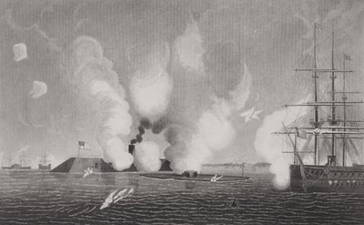 قتال بين الكونفدرالية CSS فرجينيا (يسار) ومرصد USS US (في الوسط) في 9 مارس 1862 في هامبتون رودز ، فيرجينيا (انظر 254609 لمزيد من التفاصيل) بواسطة المدرسة الأمريكية
