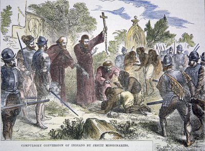 Compulsory conversion of Native Americans to christianity by Spanish Jesuit missionaries in the 16th century (colour litho) بواسطة المدرسة الأمريكية