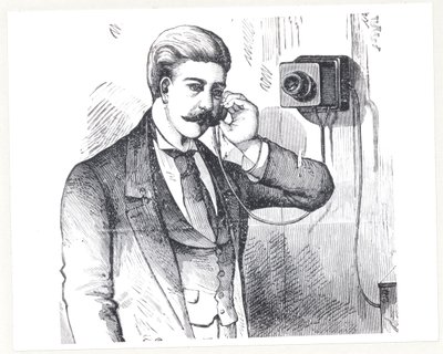 مكثف الهاتف قيد الاستخدام ، من الهاتف الكهربائي بواسطة جورج بارتليت بريسكوت (م 1830) ، 1890 بواسطة المدرسة الأمريكية