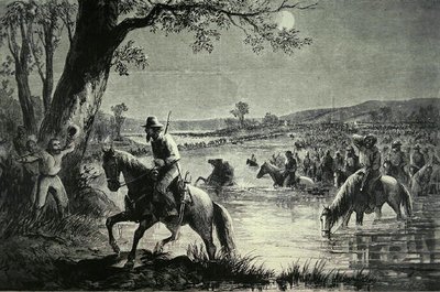 الجيش الكونفدرالي يعبر خنادق نهر بوتوماك أثناء غزو ماريلاند عام 1862 (ليتو) بواسطة المدرسة الأمريكية