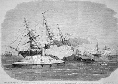 Confederate ironclads attack the Federal blockade squadron off Charleston, 4th April 1863 (litho) بواسطة المدرسة الأمريكية