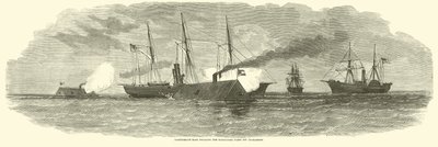 الكباش الكونفدرالية تشتبك مع أسطول الحصار قبالة تشارلستون ، يناير 1863 بواسطة المدرسة الأمريكية