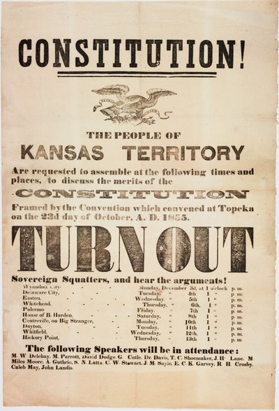 دستور! يُطلب من سكان إقليم كانساس التجميع ... ، طبع بواسطة ECK Garvey & Co. ، c.23rd أكتوبر 1855 بواسطة American School