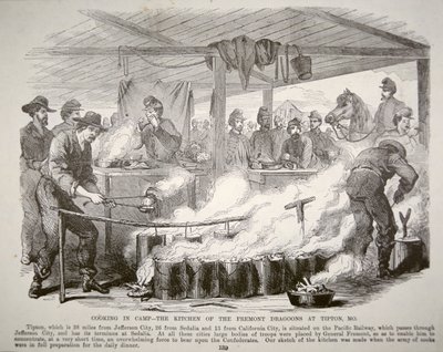 Cooking in camp - The kitchen of the Fremont Dragoons at Tipton, Missouri (engraving) بواسطة المدرسة الأمريكية