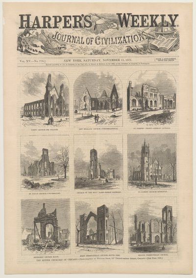 غلاف لـ Harpers Weekly يعرض مشاهد للكنائس المدمرة في شيكاغو ، 11 نوفمبر 1871 بواسطة المدرسة الأمريكية