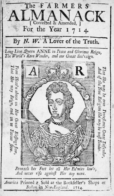 صفحة الغلاف إلى The Farmers Almanack ، تم نشره عام 1714 (طباعة) بواسطة المدرسة الأمريكية