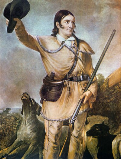 ديفيد (ديفي) كروكيت (1786-1836) مع كلاب الصيد عام 1836 (ليثو ملون) بواسطة المدرسة الأمريكية