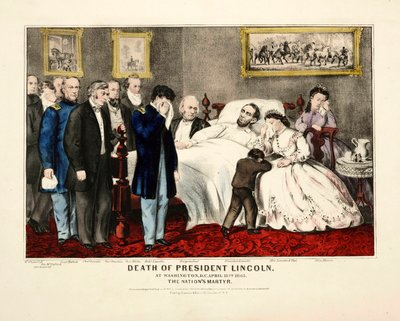 وفاة الرئيس لينكولن ، في واشنطن العاصمة ، 15 أبريل 1865 ، حانة. 1865 طباعة حجرية ملونة بواسطة المدرسة الأمريكية