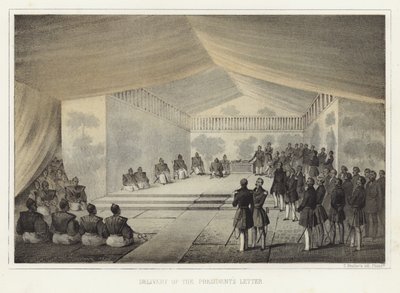 تسليم رسالة الرئيس ، كورياما ، اليابان ، ١٤ يوليو ١٨٥٣ بواسطة المدرسة الأمريكية