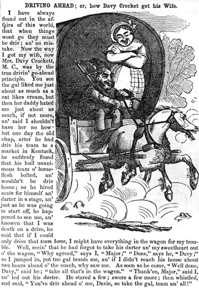 القيادة إلى الأمام ، أو كيف حصل ديفي كروكت على زوجته ، من تقويم Crocketts لعام 1856 ، المنشور ، نيويورك ، 1855 بواسطة المدرسة الأمريكية