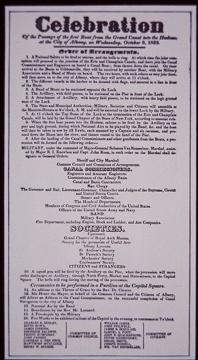 Erie Canal: key part of the New York State Canal System; Broadside of 8th October 1823 celebrating its opening (completed in 1825) (litho) بواسطة المدرسة الأمريكية