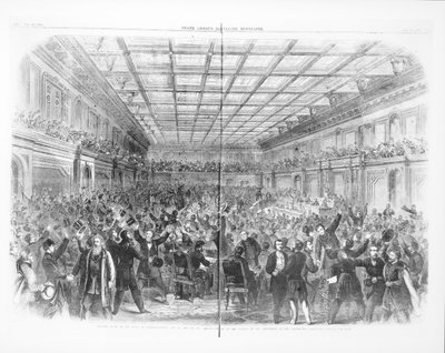 مشهد مثير في مجلس النواب ، 31 يناير 1865 ، بشأن الإعلان عن مرور التعديل لإلغاء الرق للأبد ، من جريدة فرانك ليزلي المصورة ، 18 فبراير 1865 (نقش) (صورة b & w) بواسطة المدرسة الأمريكية
