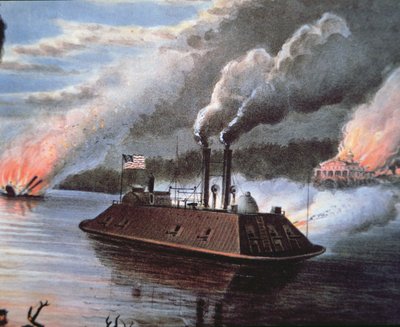 Federal Ironclad Ship on the Mississippi bombarding Enemy Territory (colour litho) بواسطة المدرسة الأمريكية