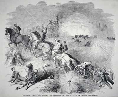 المدفعية الفيدرالية تتخذ موقعها في معركة جنوب الجبل ، سبتمبر 1862 (نقش) بواسطة المدرسة الأمريكية